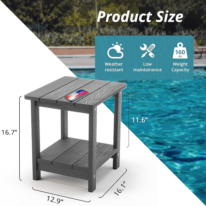 LUE BONA Adirondack Outdoor Side Table, 2-Tier Dark Grey HDPS Patio End Table - Image 3
