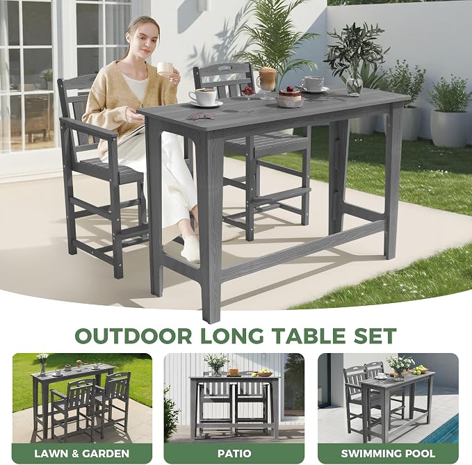 Outdoor Patio Bar Height Table and Tall Adirondack Chairs Set of 2, All-Weather - Image 8