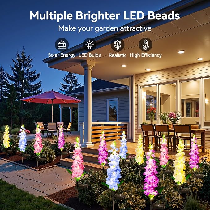 KOOPER Solar Lights Outdoor Garden Decor, 4 Pack Upgraded Delphinium Solar - Image 2