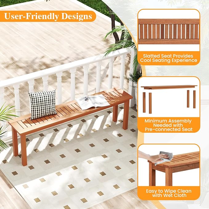 Tangkula Outdoor Wood Bench, 59” Long Patio Dining Bench Set of 2, Backless - Image 6