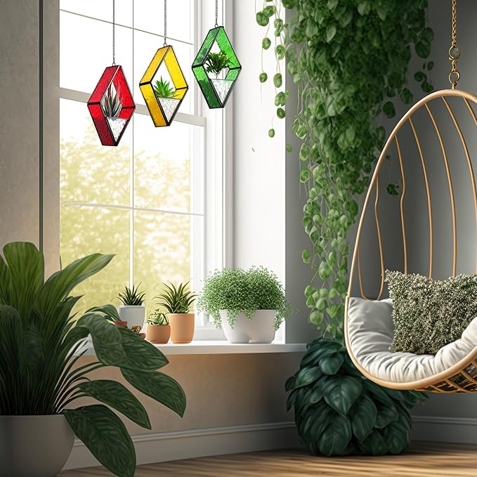 Yaomiao 3 Pcs Stained Glass Hanging Plant Terrariums Hanging Glass Planter - Image 6