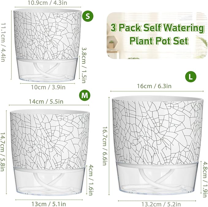 3 Pack Self Watering Pots for Indoor Plants, 4+5.5+6.3 Inch Self Watering Plant - Image 2