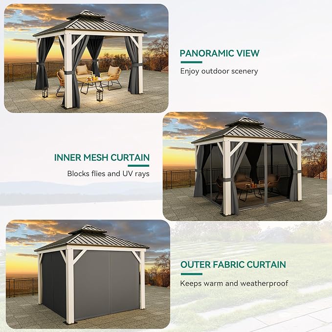 YITAHOME 10X10FT Hard Top Metal White Gazebo Patios Double Roof Canopy Aluminum - Image 6