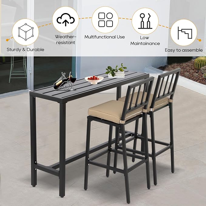 3-Piece Outdoor Patio Bar Set, Bar Height Patio Dining Set, Weather-Resistant - Image 2