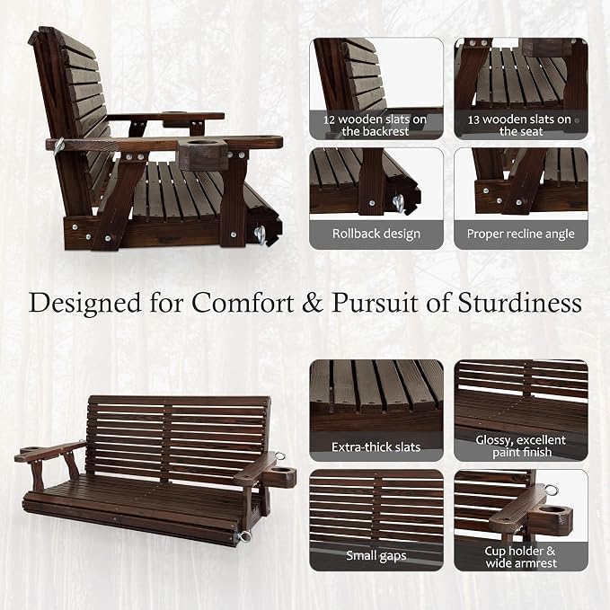 Wooden Porch Swing 2-Seater, High Backrest and Deep Seat, Bench Swing - Image 5