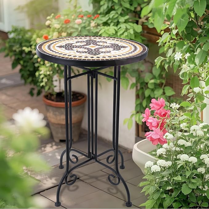 VCUTEKA Mosaic Outdoor Side Table, Round Rustproof Patio Tables - Image 2