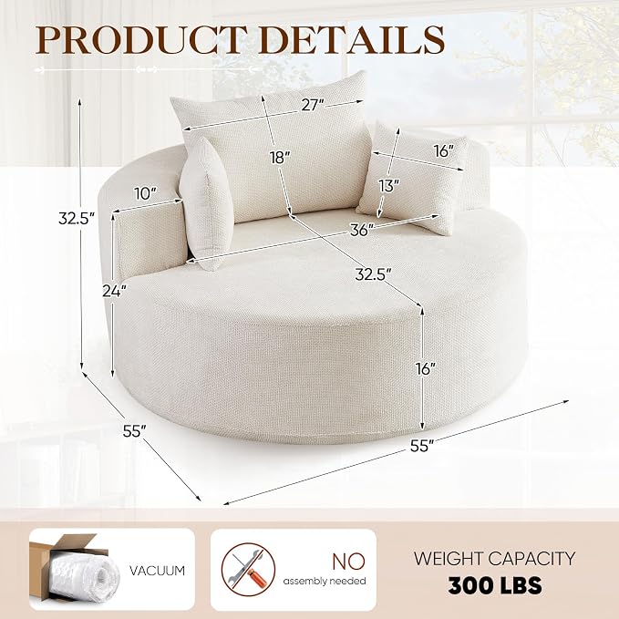 Antetek Oversized Round Chaise Longue Chair Indoor, Modern 55-inch Upholstered - Image 2