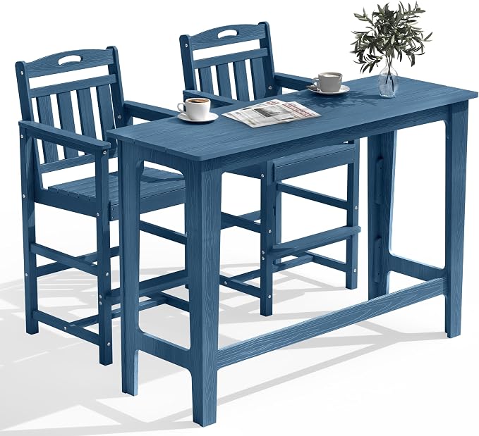Outdoor Patio Bar Height Table and Tall Adirondack Chairs Set of 2, All-Weather by Suunyn