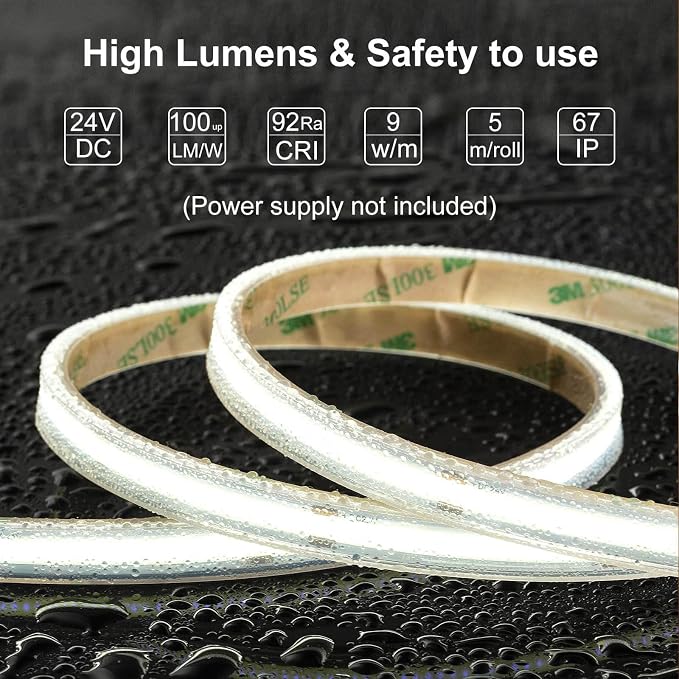 COB LED Strip Lights Waterproof IP67 DC24v Daylight White 6000K 16.4ft/5m High - Image 2