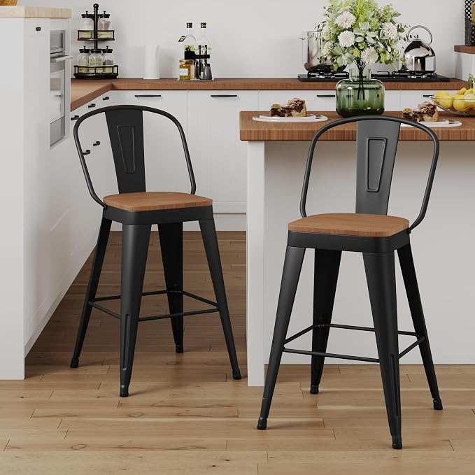 ALISH 30 Inch Industrial Bar Stools Set of 2, High Back Metal Barstools by ALISH