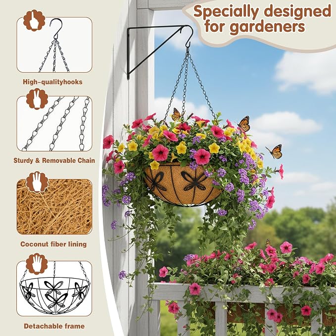 12 inch Metal Hanging Baskets For Plants Outdoor 4 Pack Round Metal Wire - Image 6