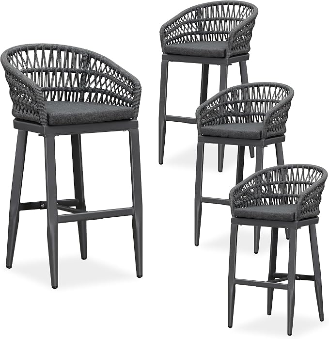 PURPLE LEAF Outdoor Rattan 29" Bar Stools Set of 4, Modern Boho Aluminum Patio by PURPLELEAF