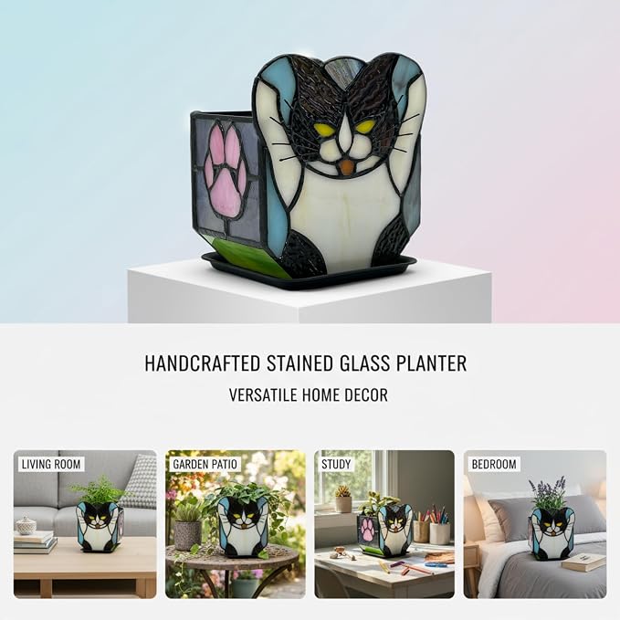 Stained Glass Black Cat Planter, Succulent Pot - Image 2