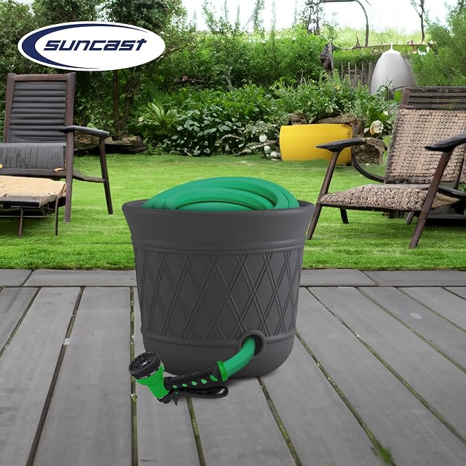 Suncast Lattice Hose Pot for Outdoor Garden Storage, Peppercorn - Image 4