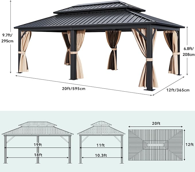 YITAHOME 12x20ft Gazebo Hardtop Canopy Heavy Duty Double Roof Outdoor - Image 5