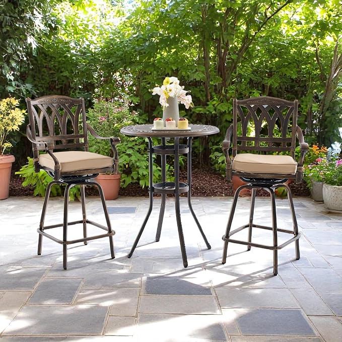 3 Piece Swivel Outdoor Table and Chairs Bar Set, All-Weather Cast Aluminum - Image 9