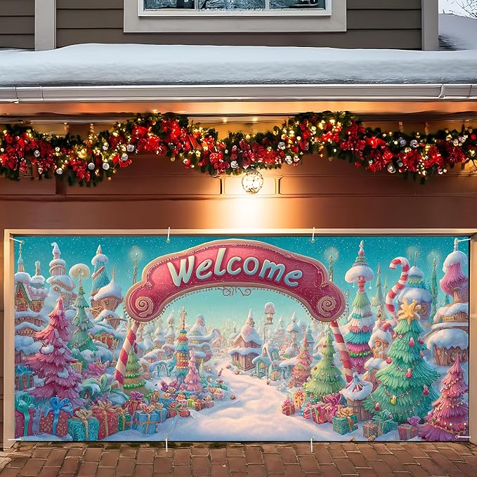 Welcome Christmas Town Garage Door Cover 6x13FT, Candy Land Style Winter by ANNAQUEEN