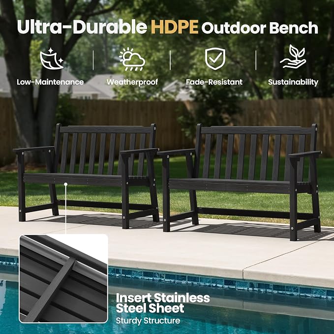Ciokea 48" Outdoor Bench, HDPE Weatherproof Porch Bench, 2-Person Garden Benches - Image 3