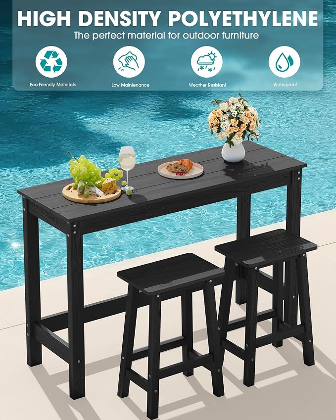 SERWALL 3-Piece Outdoor Bar Set, Rectangular All Weather HDPE Bar Height Patio - Image 4