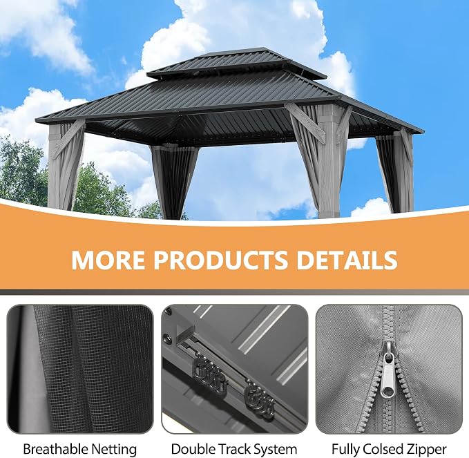 10'x12' Hardtop Wood Gazebo, Outdoor Double Roof Galvanized Steel Top Gazebo - Image 4