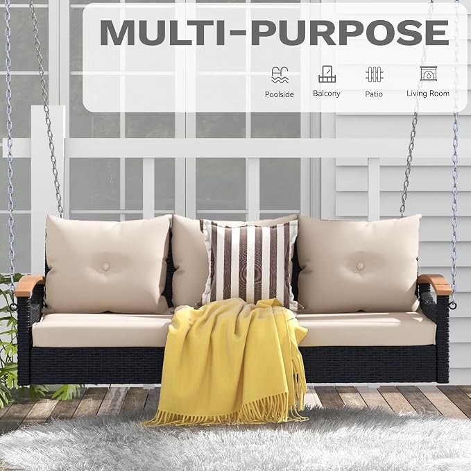 DWVO 3 Seats Porch Swing Hanging Bench Swing Outdoor Wicker Patio Swing Lounge - Image 2