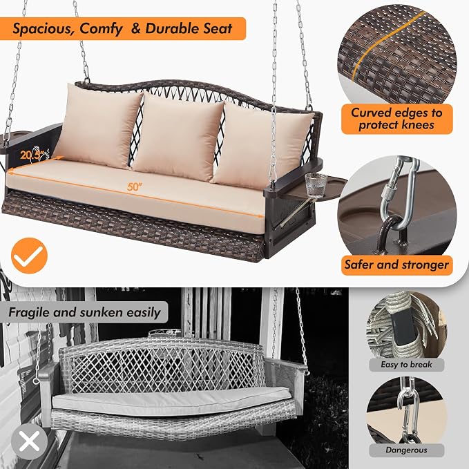 Upgraded Wicker Hanging Porch Swing Heavy Duty 900lbs 3-Seat Outdoor Patio - Image 2