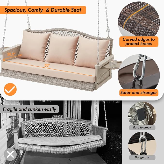 Upgraded Wicker Hanging Porch Swing Heavy Duty 900 LBS 3-Seat Outdoor Patio - Image 2