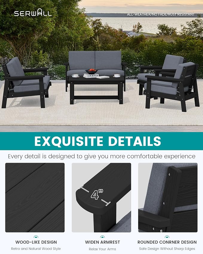 SERWALL HDPE Patio Furniture Set, 5 Piece All Weather Wood-Like Sectional - Image 5