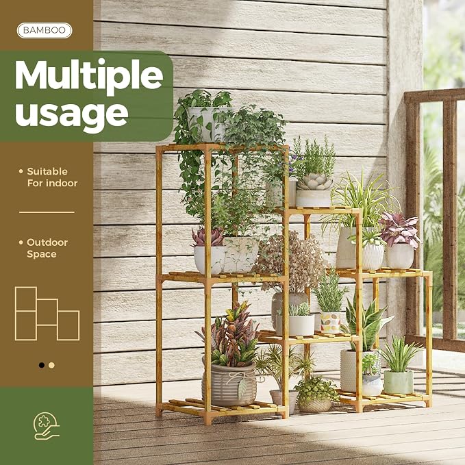 Bamworld Bamboo Plant Stand Indoor Boho Plant Shelf Tiered Plant Rack - Image 3