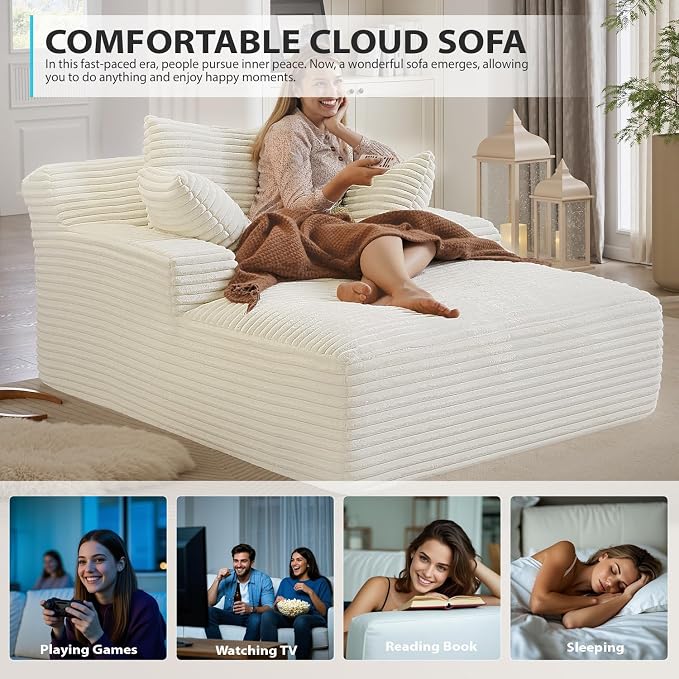 67 Inch Chaise Lounge Chair Indoor, Oversized Corduroy Upholstered Boneless - Image 7
