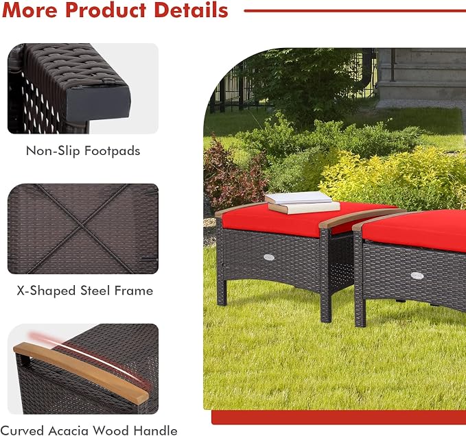 Tangkula 2 Piece Patio Rattan Ottomans, Outdoor Wicker Footstool w/Acacia Wood - Image 7