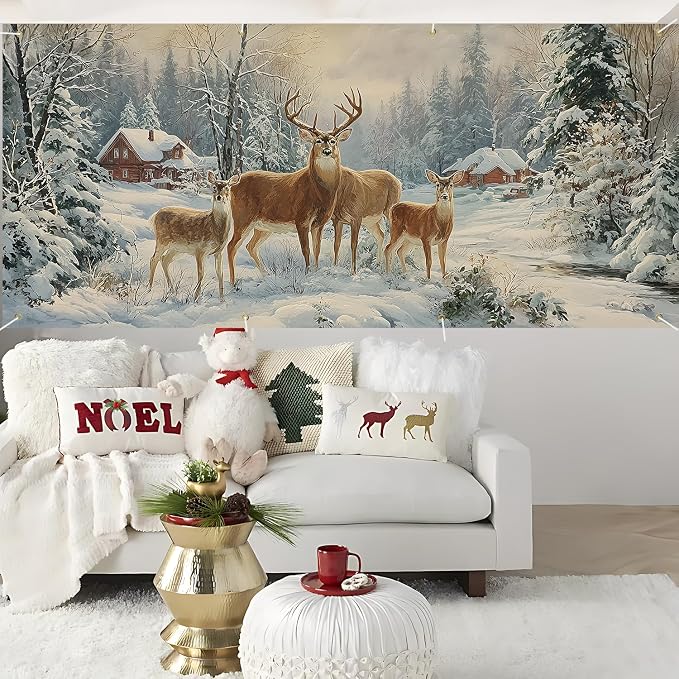 Winter Garage Door Banner 6x13FT, Winter Deer in Snowy Forest - Image 4