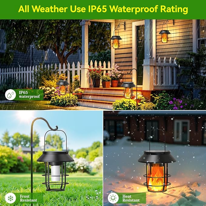 Solar Lanterns Outdoor Waterproof, Upgraded Flickering Flames Hanging Solar - Image 3