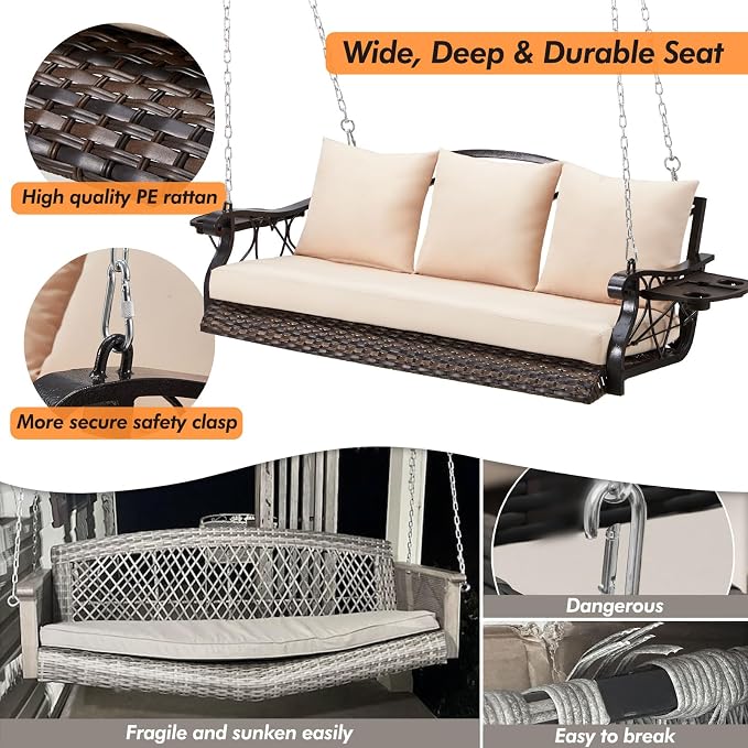 3-Person Wicker Porch Swing Chair Heavy Duty 900 LBS Outdoor Rattan Patio Swing - Image 2