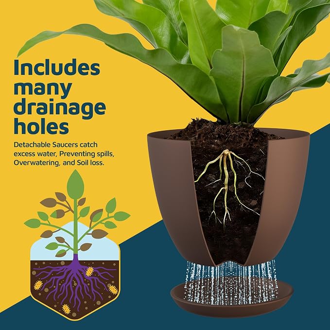 Brown Plant Pots with Drainage Holes & Saucers 15 Pack, Indoor & Outdoor - Image 6