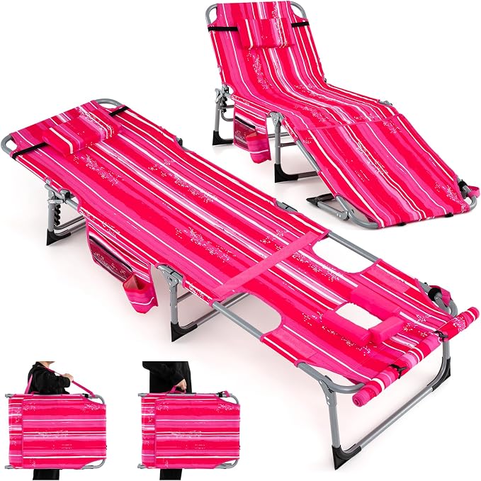GYMAX Tanning Chair, 330LBS Beach Lounge w/Face Arm Hole & Shoulder Strap by GYMAX