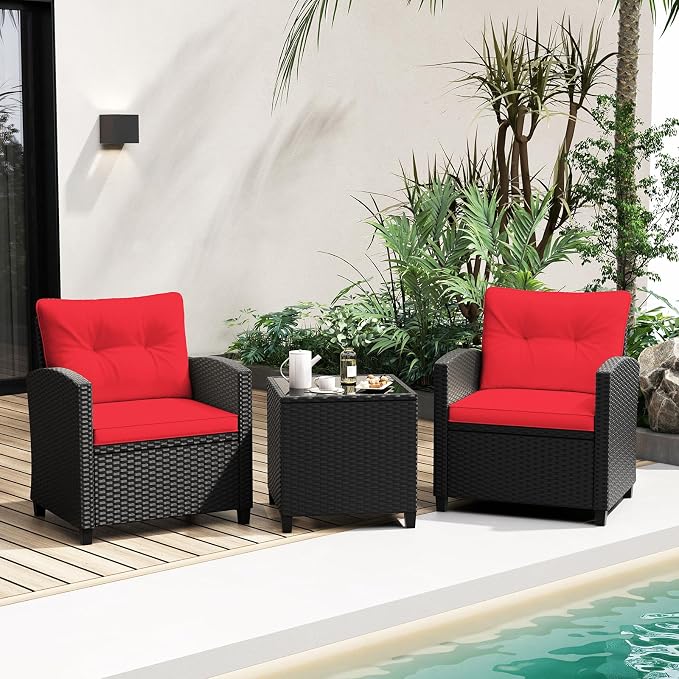 Tangkula 3 Pieces Patio Furniture Set, Rattan Conversation Set w/Soft Seat & - Image 3