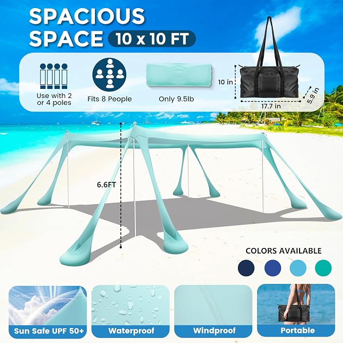 Beach Canopy Beach Tent Pop Up Shade 10x10ft Sun Shelter UPF50+ - Image 2