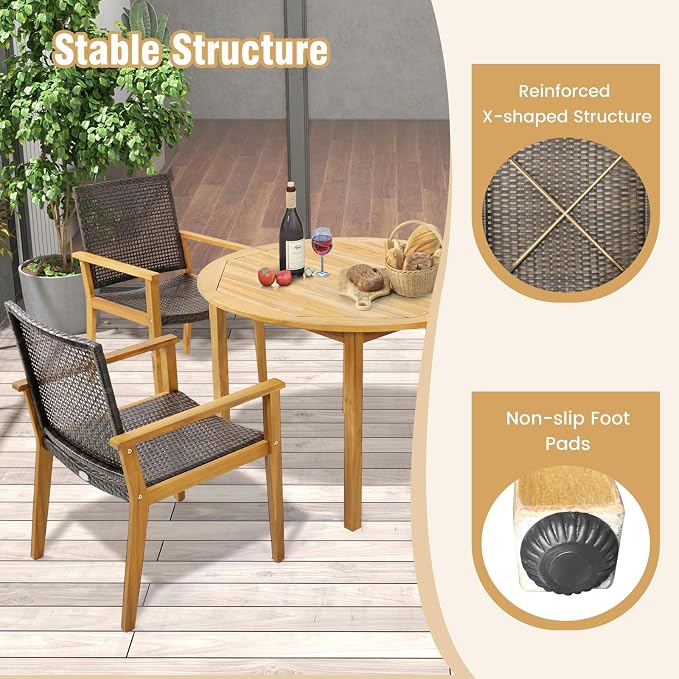 Tangkula 5 Pieces Patio Dining Set, 4 Patio Wicker Armchairs and Round Acacia - Image 5