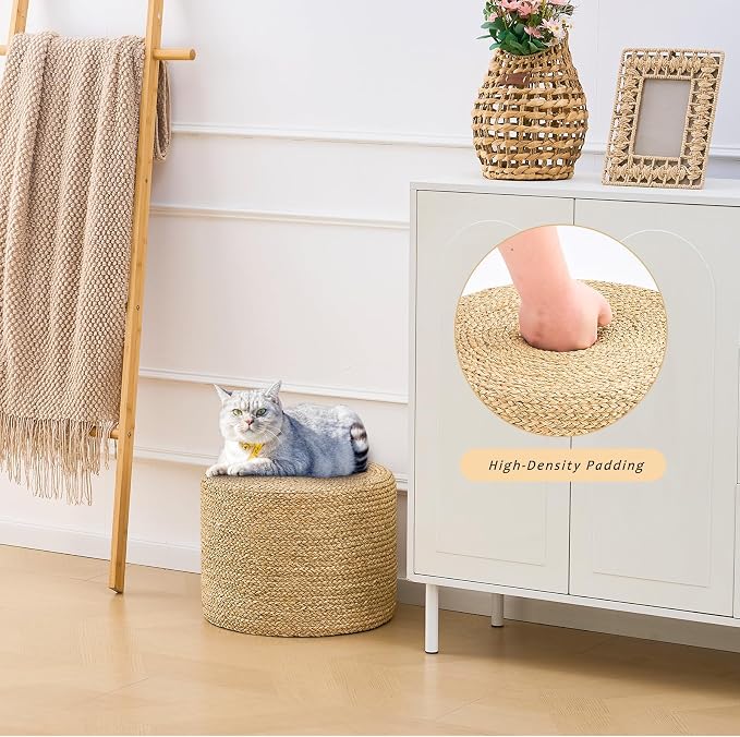 Handwoven Seagrass Ottoman Pouf, Round Outdoor Footstool - Image 7