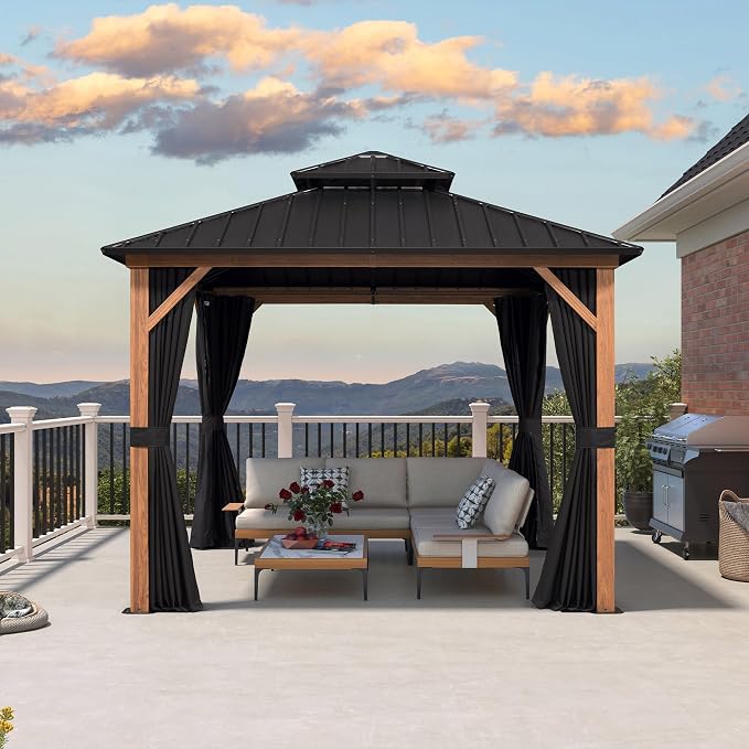 PURPLE LEAF 10' X 10' Hardtop Gazebo Outdoor Wood Grain Aluminum Frame - Image 2