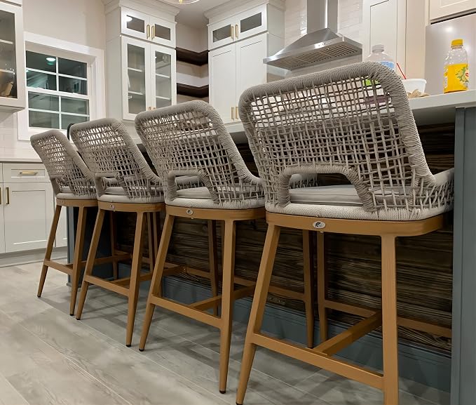 PURPLE LEAF Counter Height Bar Stools Set of 4 Rattan Chair Boho Aluminum Woven by PURPLELEAF