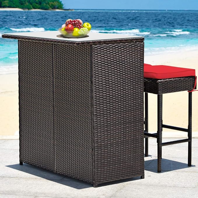 Tangkula Patio Bar Set, 3 Piece Outdoor Rattan Wicker Bar Set - Image 4