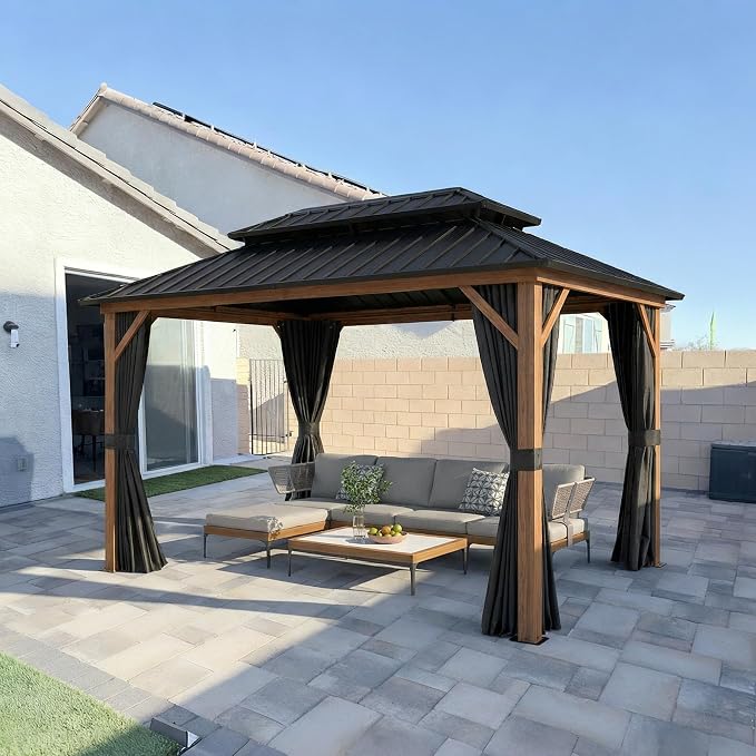 PURPLE LEAF 8' X 12' Hardtop Gazebo Outdoor Wood Grain Aluminum Frame by PURPLELEAF