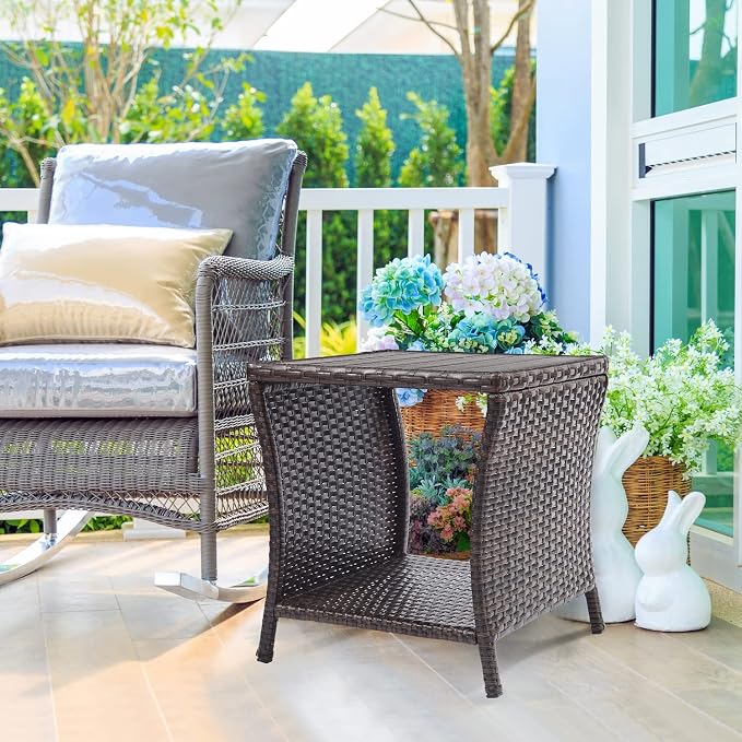 Outdoor Side Table for Patio Small Rattan Wicker Coffee Table Balcony Table - Image 3