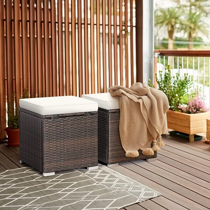 RELAX4LIFE Wicker Outdoor Storage Ottoman, 2-Piece Rattan Footstool w/Removable - Image 2