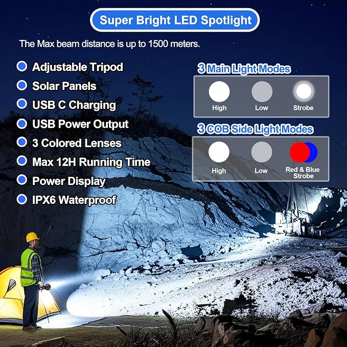 Rechargeable Spotlight Flashlight, Peascat 3, 000L Lumens LED Handheld Spot - Image 2