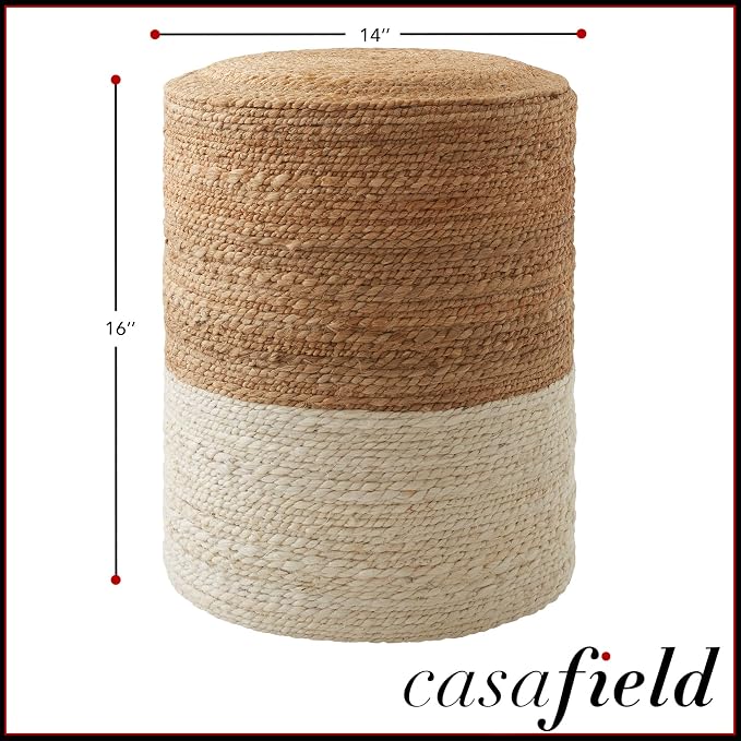 Casafield Hand-Braided Jute Pouf Ottoman Footrest, Natural Boho Home Decor - Image 3
