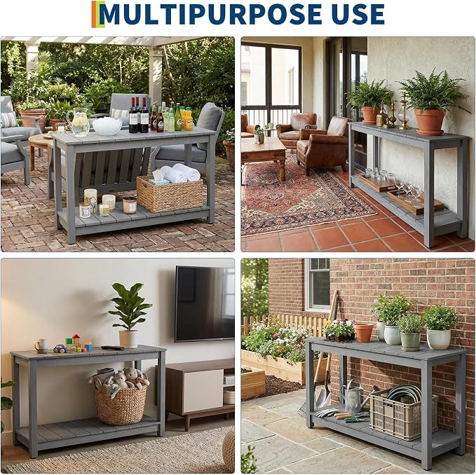 GarveeLife 48 Inch Outdoor Console Table, Wood All-Weather Side Table, 2-Tier - Image 8