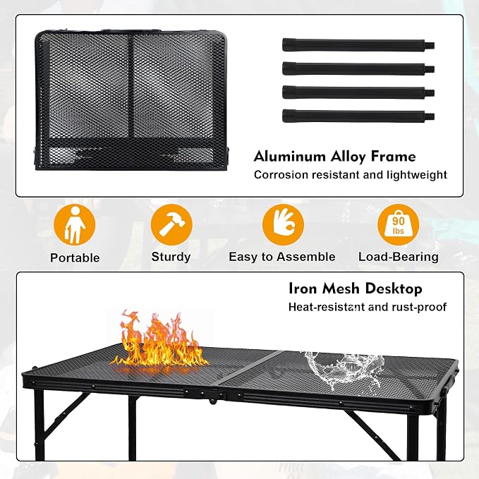 Camping Table with Mesh Desktop, Lightweight & Portable Folding Grill Table - Image 3
